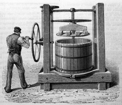 Uso de la prensa para obtener orujo de uva en Medoc y Cognac. Grabado de finales del siglo XIX de Unknown artist