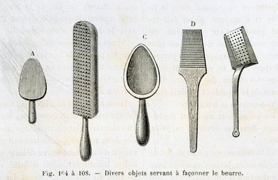 Varios objetos usados para moldear mantequilla - en "Las maravillas de la industria" de Louis Figuier de Unknown artist