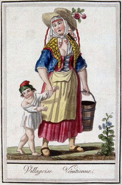 Aldea veneciana con su hijo. Grabado del siglo XVIII. de Unknown artist