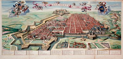 Vista y mapa de la ciudad de Turín (Torino Piamonte) en 1700. Impresión coloreada de Unknown artist