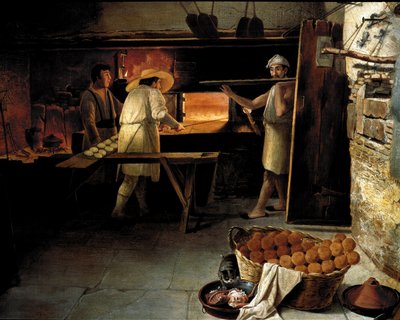 Vista del interior de una panadería Los panaderos hornean el pan en el horno. Pintura anónima del siglo XVIII. Roma, Museo del Folclore de Unknown artist