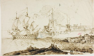 Vista del puerto de la ciudad fortificada de Unknown artist