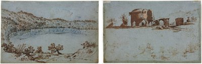 Vista del lago Nemi (recto) Pequeño grupo de ruinas romanas (verso) de Unknown artist