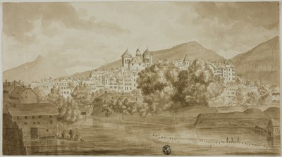 Vista de la ciudad con vista al río de Unknown artist