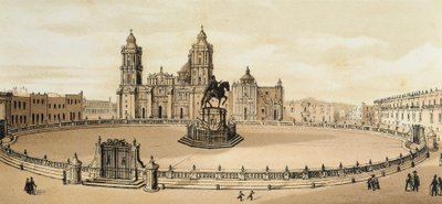 Vista de la Plaza del Zócalo y la Catedral en la Ciudad de México, México. Litografía de finales del siglo XIX de Unknown artist