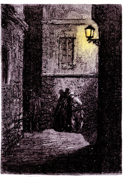 Vista de un callejón oscuro en el distrito de Whitechapel de Londres. Grabado del siglo XVIII de Unknown artist