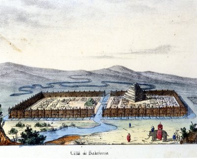 Vista de la antigua Babilonia: en el centro el templo y los jardines colgantes. Principios del siglo XIX de Unknown artist