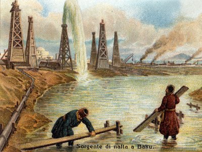 Vista de pozos de petróleo en Bakú, Azerbaiyán. Cromolitografía de aproximadamente 1890 de Unknown artist
