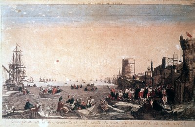 Vista de la Ciudad y Puerto de Túnez en la barbarie del Mar Mediterráneo - Piratas capturados llegando al Puerto de La Goulette en Túnez. Grabado del siglo XVIII. de Unknown artist