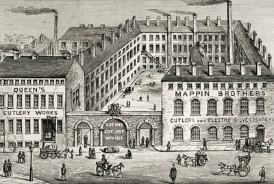 Vista de la fábrica de cuchillería Mappin Brothers en Londres. Detalle del anuncio de 1891. Grabado. de Unknown artist