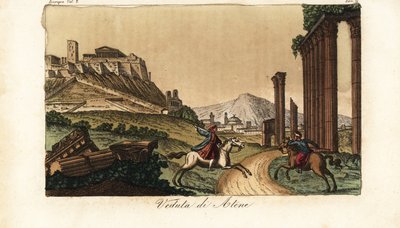 Vista de la ciudad de Atenas, Grecia, con la Acrópolis y el Partenón a la izquierda, ruinas de columnas, monumentos y Propileos al frente de Unknown artist