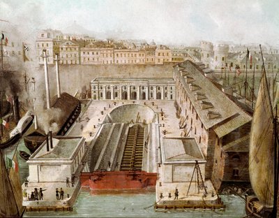 Vista del dique seco del puerto de Nápoles inaugurado en 1852. Pintura del siglo XIX. Museo de Capodimonte Nápoles de Unknown artist