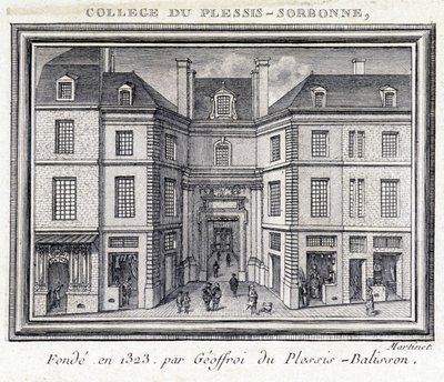 Vista de la fachada exterior del colegio de Plessis Sorbonne (París), fundado en 1323 por Geoffroy de Plessis Balisson, utilizado de 1848 a 1849 por la ENA. Grabado conservado en el Museo Carnavalet, París. de Unknown artist