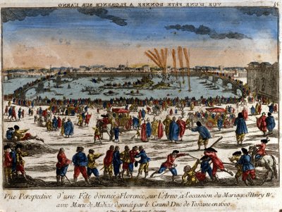 Vista de la fiesta dada en Florencia a orillas del río Arno por el Gran Duque de Toscana con motivo de la boda de Enrique IV con María de Médici en 1600. Grabado. de Unknown artist