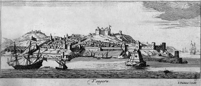 Vista de la ciudad fortificada de Tánger y la costa, Marruecos. Grabado del siglo XVIII de Unknown artist