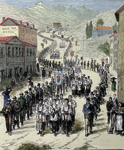 Vista de la procesión desde la estación hasta la cueva de Lourdes en los Altos Pirineos donde la Virgen se apareció a Bernadette Soubirous en 1858, lugar actual de peregrinación. Grabado del siglo XIX de Unknown artist