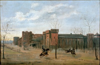 Vista del castillo Sforza con entrenamiento de caballería de Unknown artist