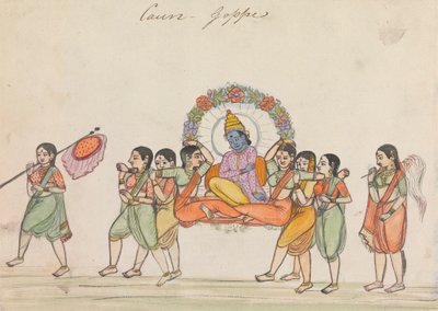 Vishnu montado en un palanquín compuesto por asistentes femeninas de Unknown artist