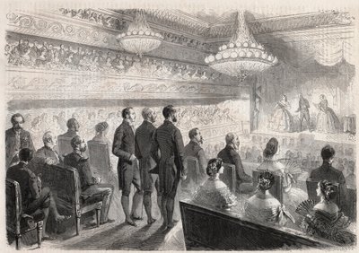 Visita de Guillermo I de Prusia (1797-1888) a Compiègne: espectáculo de gala en el teatro del palacio en presencia de Napoleón III (1808-1873) - Grabado en “El Mundo Ilustre” de Unknown artist