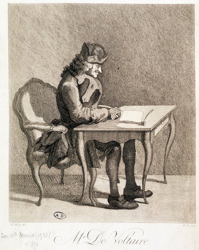 Voltaire en su mesa de trabajo - grabado de Unknown artist