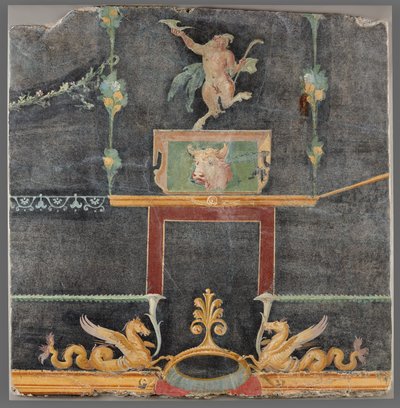 Fragmento de pared con sátiro danzante, hipocampos y otros motivos decorativos sobre fondo negro de Unknown artist