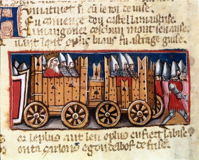 Máquinas de guerra, precursoras del tanque, usadas por Carlomagno contra los moros de España - en "Entrada de España", manuscrito del siglo XIV. Biblioteca Marciana, Venecia de Unknown artist