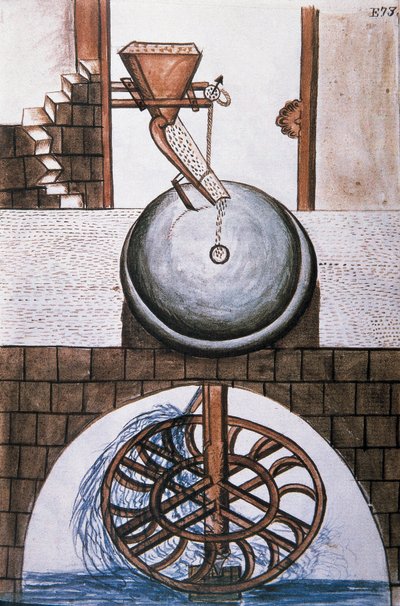 Molino de agua, del libro "Trujillo del Perú" o "Códice Martínez Compañón", por Baltazar Martinez Compañón y Bujanda, obispo de Trujillo (1782-1785) de Unknown artist