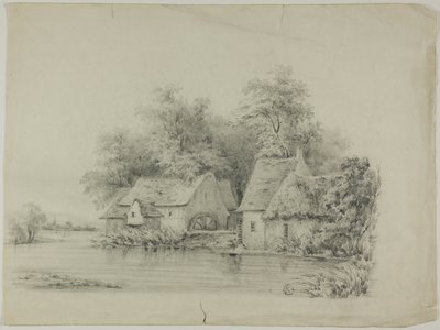 Molino de agua y cabaña con techos de paja de Unknown artist