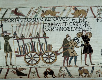 Armas y vino llevados a los barcos durante el reabastecimiento para la conquista de Inglaterra (detalle del tapiz de Bayeux) de Unknown artist