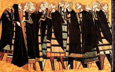 Llorando en capa negra sobre la tumba del Caballero Don Sancho Saiz de Carillo, (detalle) del fresco que decora la tumba. Detrempe sobre madera. Finales del siglo XIII. Museu Nacional d
