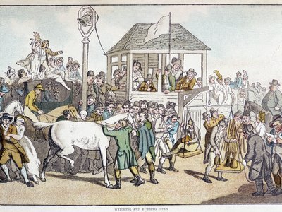 Pesaje y lavado antes de una carrera de caballos (finales del siglo XIX) de Unknown artist