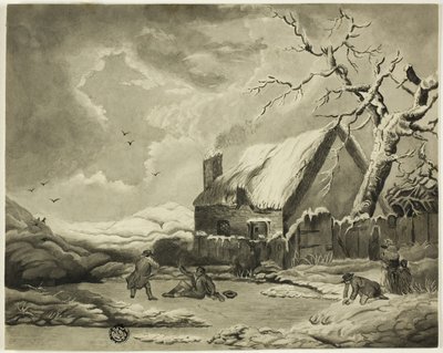 Escena de invierno con personas fuera de una cabaña cerca de un estanque de Unknown artist