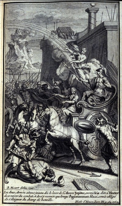 Con los dos ejércitos uniéndose al amanecer, Júpiter envió a Iris para decirle a Héctor que se retirara de la batalla y regresara solo cuando Agamenón herido, se viera obligado a alejarse del campo de batalla. Ilustración del libro XI de la Ilíada de Homer de Unknown artist