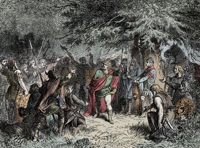 Widukind llama a sus sajones a las armas - Widukind de Sajonia (circa 750-810) llama a los sajones a levantar sus armas contra la invasión franca de Carlomagno en 777 de Unknown artist