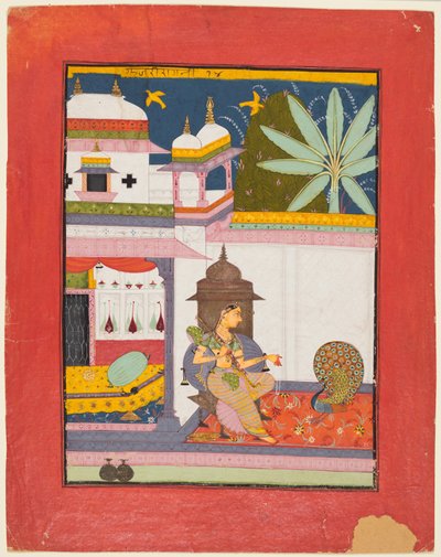 Mujer dirigiéndose a un pavo real: Gujari Ragini de Megh, de un Ragamala de Unknown artist