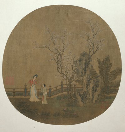 Mujer con sirvienta en un jardín de palacio de Unknown artist