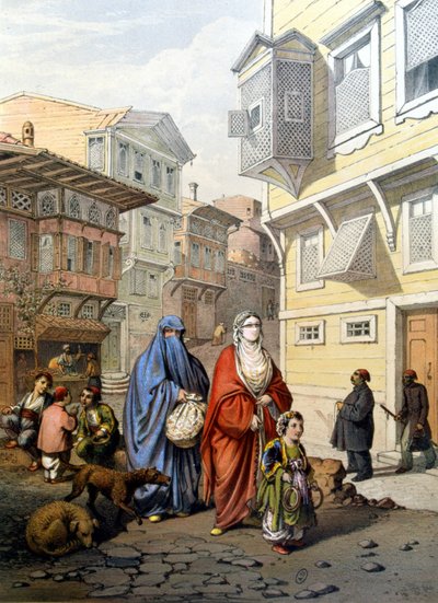 Mujeres veladas en una calle de Constantinopla - grabado de Unknown artist