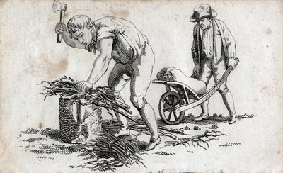 Leñadores haciendo haces de leña y hombre llevando haces en una carretilla. Grabado de finales del siglo XVIII. Colección privada. de Unknown artist