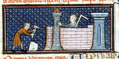 Trabajadores construyendo un monasterio fortificado, miniatura de mediados del siglo XIII. Biblioteca Trivulziana de Unknown artist