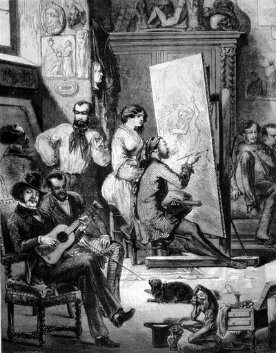 Taller de un pintor en el siglo XIX. Algunos tocan música, otros fuman mientras el pintor dibuja. Grabado del siglo XIX de Unknown artist