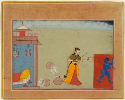 Yashoda castiga a su hijo adoptivo, el joven Krishna, página de un manuscrito del Bhagavata Purana de Unknown artist