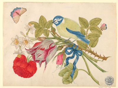 Pájaro amarillo y azul en ramo con rosa, tulipanes y narcisos, con mariposas de Unknown artist