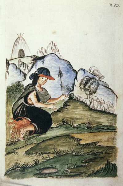 Joven pastora india dando a luz en la naturaleza, del libro "Trujillo del Perú" o "Códice Martínez Compañón", por Baltazar Martínez Compañón y Bujanda, obispo de Trujillo (1782-1785) de Unknown artist