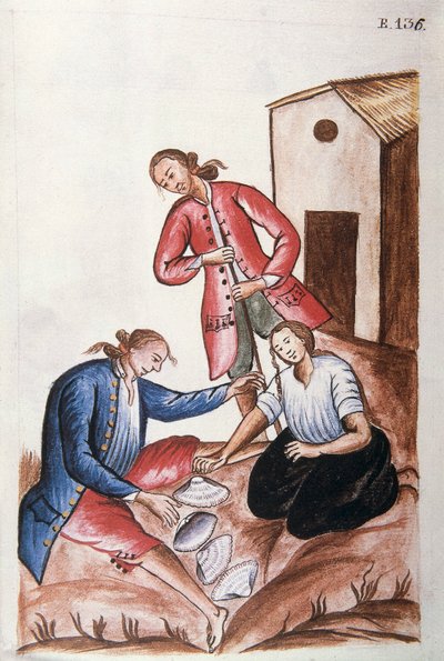 Jóvenes indios jugando al juego de las conchas, del libro "Trujillo del Perú" o "Códice Martínez Compañón", por Baltazar Martínez Compañón y Bujanda, obispo de Trujillo (1782-1785) de Unknown artist