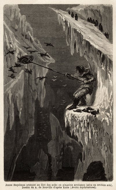 Joven esquimal atrapando pingüinos árticos. Grabado para ilustrar el viaje al mar libre del polo Ártico, por el Doctor Hayes, cirujano de la Marina de los Estados Unidos, en 1860-1862, publicado en “Le tour du monde, nouveau journal des voyages” de Unknown artist
