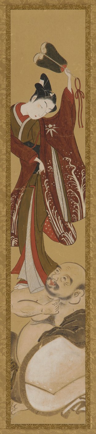 Joven de pie sobre el hombro de Hotei de Unknown artist