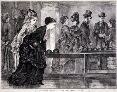 Jóvenes mujeres jugando a los bolos, en los Estados Unidos, circa 1870 - grabado de Unknown artist