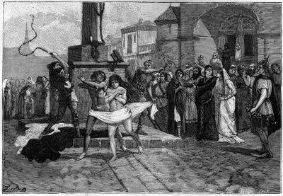 un hombre y una mujer adúlteros son azotados en la plaza pública de un pueblo en Francia en la Edad Media. Grabado del siglo XIX que ilustra las costumbres de los franceses. de Unknown artist