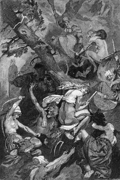 Celebración de la Noche de Walpurgis, por brujas en un aquelarre. Grabado del siglo XIX de Unknown artist