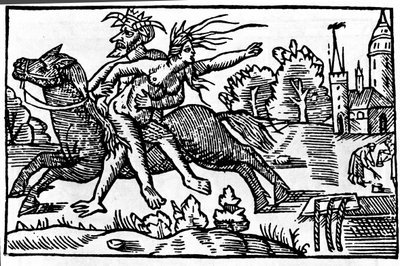 El diablo se lleva a una bruja de un caballo y la lleva al infierno. Xilografía del siglo XVI de Unknown artist